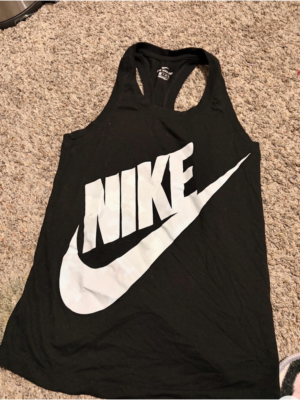 Nike Black Racerback Tank with Large White Logo Graphic